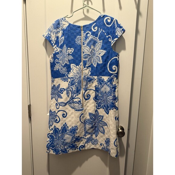 TAYLOR Brand Blue & White Cap-Sleeve Dress Floral Round Neckline Lined Size 10 - Picture 4 of 4